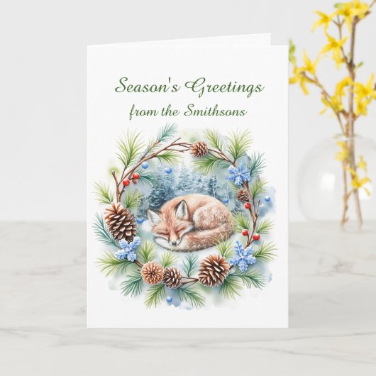 Sleeping Fox in Winter Wreath Holiday カード (黄色い花)