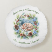 Sleeping Fox in Winter Wreath Holiday ラウンドクッション (裏面)