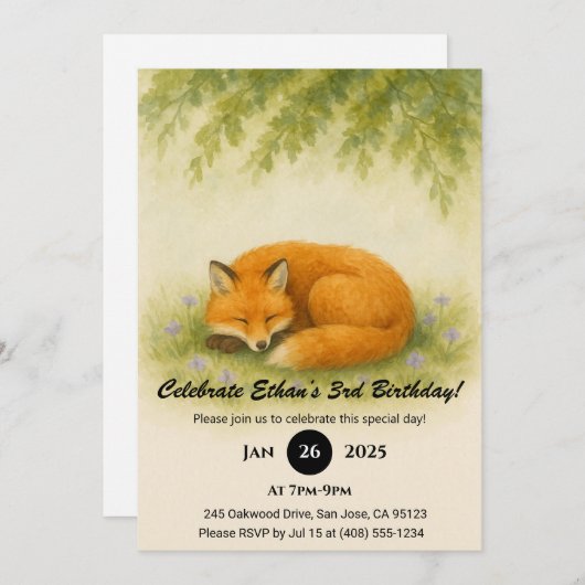 Sleeping Fox Under Autumn Leaves  Birthday  招待状 (正面/裏面)