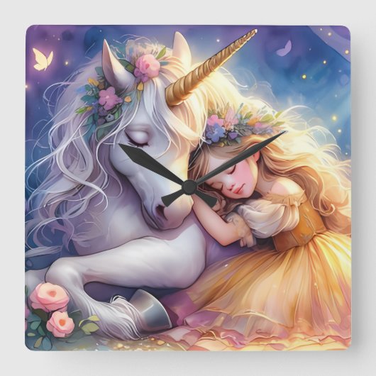 Sleeping Girl Unicorn Dreamscape スクエア壁時計 (正面)