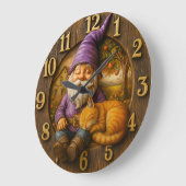 Sleeping gnome & cat cottage ラージ壁時計 (傾斜)