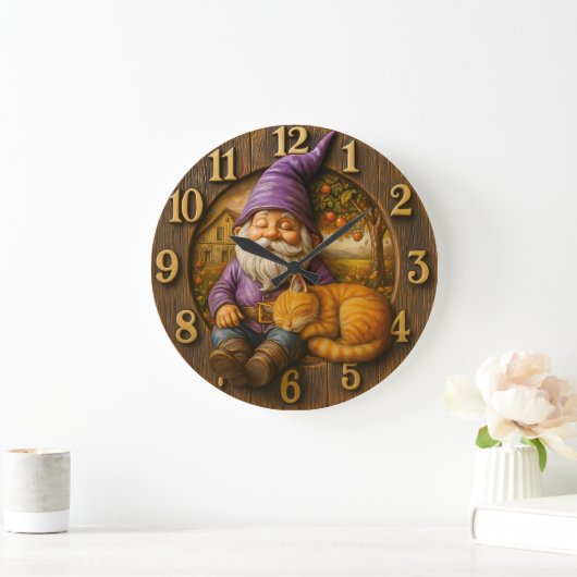 Sleeping gnome & cat cottage ラージ壁時計 (ホーム)