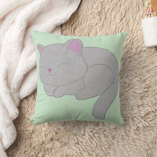 Sleeping Grey Kitten Throw Pillow クッション (ブランケット)
