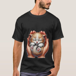 Sleeping Kitten Cradled in Hands Tiny Fluffy Cat  Tシャツ