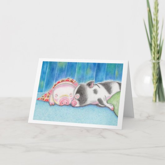 Sleeping Mini Pigs Piglets Folded Greeting Card カード (正面)