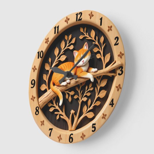 Sleeping Orange Tabby Cat Leaf ラージ壁時計 (傾斜)