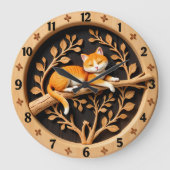 Sleeping Orange Tabby Cat Leaf ラージ壁時計 (正面)