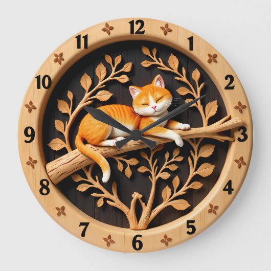 Sleeping Orange Tabby Cat Leaf ラージ壁時計 (正面)