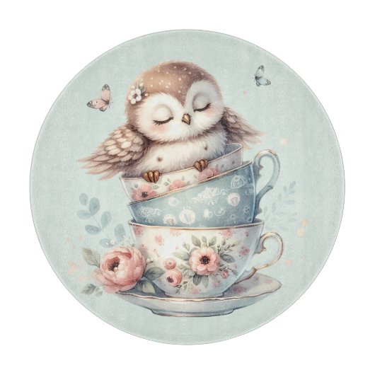 Sleeping Owl in Stacked Floral Teacups カッティングボード (正面)