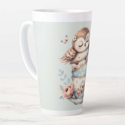 Sleeping Owl in Stacked Floral Teacups カフェラテマグ (左アングル)