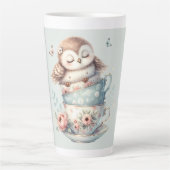 Sleeping Owl in Stacked Floral Teacups カフェラテマグ (正面)