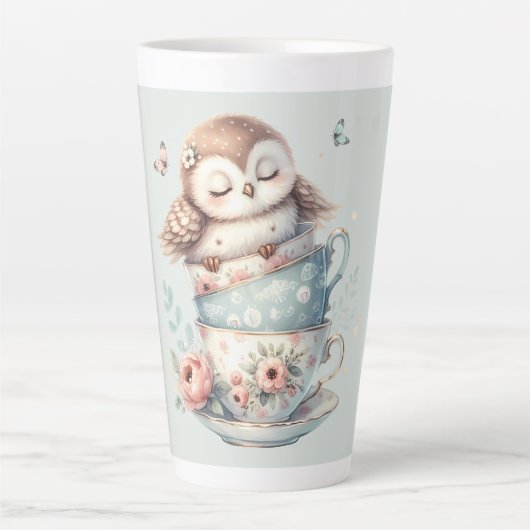 Sleeping Owl in Stacked Floral Teacups カフェラテマグ (正面)