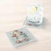 Sleeping Owl in Stacked Floral Teacups ガラスコースター (アングル)