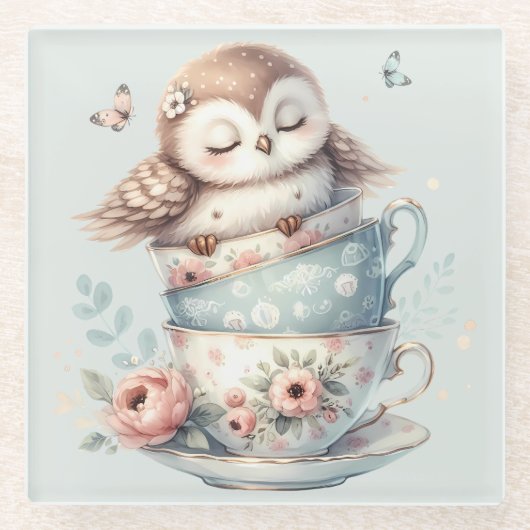 Sleeping Owl in Stacked Floral Teacups ガラスコースター (正面)
