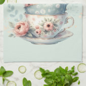 Sleeping Owl in Stacked Floral Teacups キッチンタオル (折り畳み)