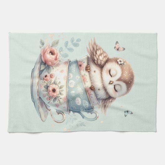 Sleeping Owl in Stacked Floral Teacups キッチンタオル (横)