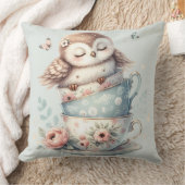 Sleeping Owl in Stacked Floral Teacups クッション (ブランケット)