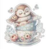 Sleeping Owl in Stacked Floral Teacups シール (正面)