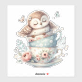 Sleeping Owl in Stacked Floral Teacups シール (シート)