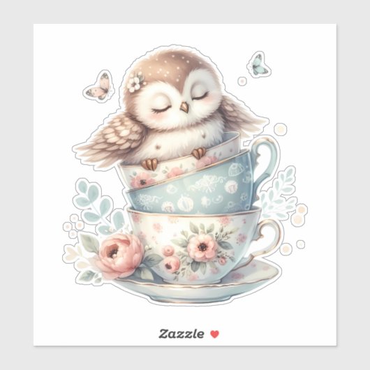 Sleeping Owl in Stacked Floral Teacups シール (シート)