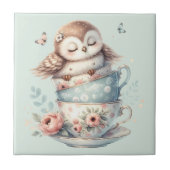 Sleeping Owl in Stacked Floral Teacups タイル (正面)