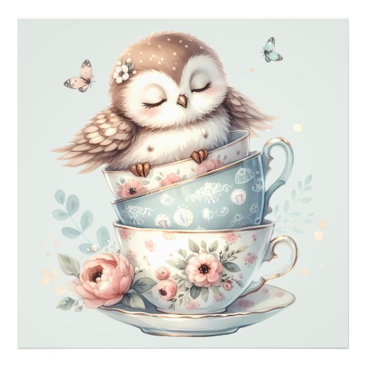Sleeping Owl in Stacked Floral Teacups フォトプリント (正面)