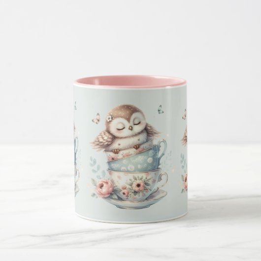 Sleeping Owl in Stacked Floral Teacups マグカップ (中央)