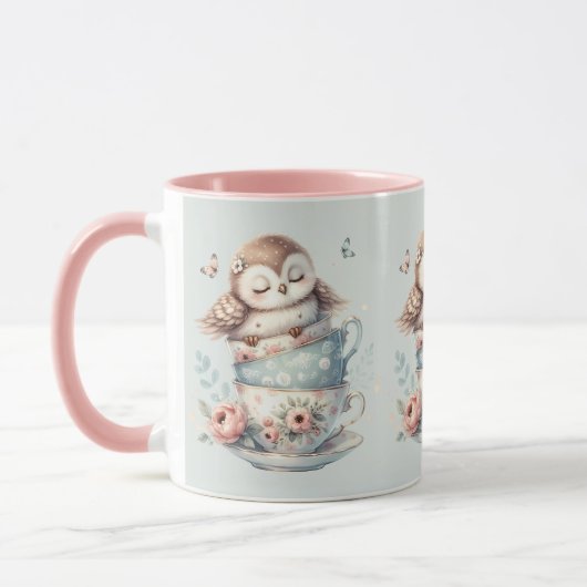 Sleeping Owl in Stacked Floral Teacups マグカップ (左)