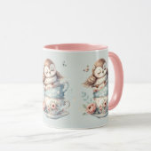 Sleeping Owl in Stacked Floral Teacups マグカップ (正面右)