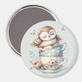 Sleeping Owl in Stacked Floral Teacups マグネット (正面/裏面)