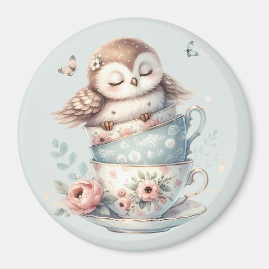 Sleeping Owl in Stacked Floral Teacups マグネット (正面)