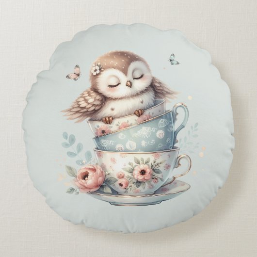 Sleeping Owl in Stacked Floral Teacups ラウンドクッション (正面)