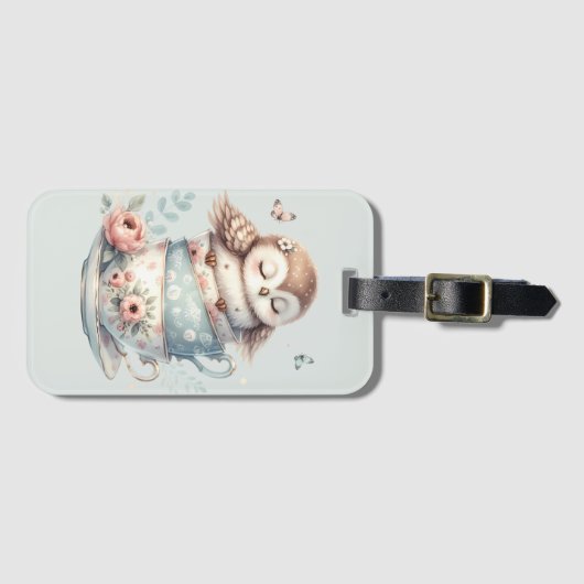 Sleeping Owl in Stacked Floral Teacups ラゲッジタグ (正面横)