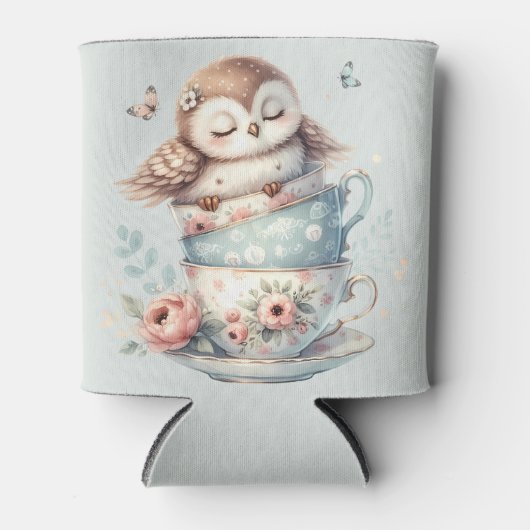 Sleeping Owl in Stacked Floral Teacups 缶クーラー (正面)