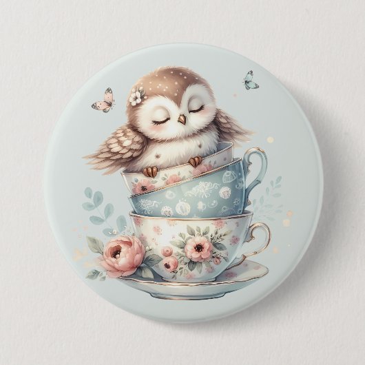 Sleeping Owl in Stacked Floral Teacups 缶バッジ (正面)