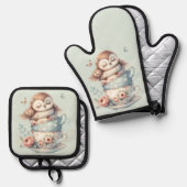 Sleeping Owl in Stacked Floral Teacups 鍋つかみ&鍋敷きセット (正面/裏面)
