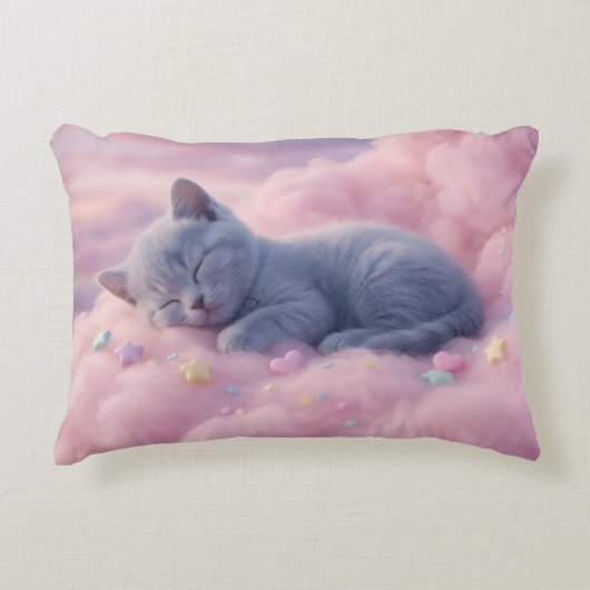 Sleeping Pastel Kitten on Fluffy Pink Clouds Art アクセントクッション (正面)