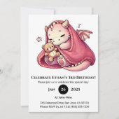 Sleeping Pink Baby Dragon with Teddy Birthday 招待状 (正面)
