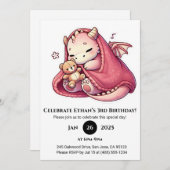 Sleeping Pink Baby Dragon with Teddy Birthday 招待状 (正面/裏面)