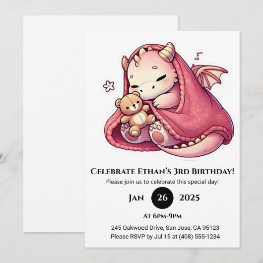 Sleeping Pink Baby Dragon with Teddy Birthday 招待状 (正面/裏面)