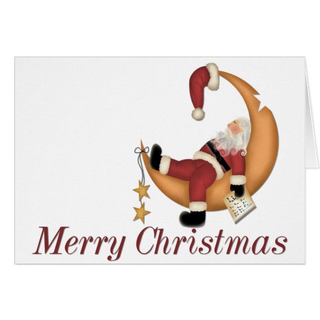 Sleeping Santa on the Moon Merry Christmas Card (正面横)