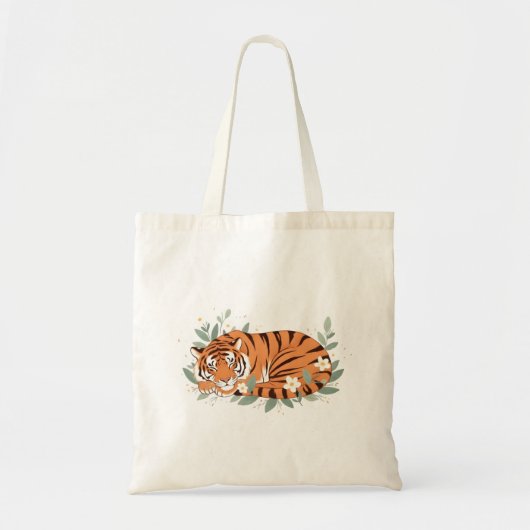 Sleeping Tiger Floral Illustration – Cute Cozy Wil トートバッグ (正面)