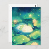 Sleeping White Axolotl in Magical Night Lotus Pond ポストカード (正面/裏面)