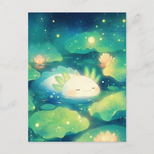 Sleeping White Axolotl in Magical Night Lotus Pond ポストカード (正面)