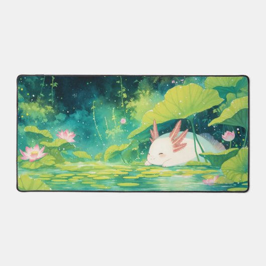 Sleeping White Axolotl Pink Lotus Pond デスクマット (正面)