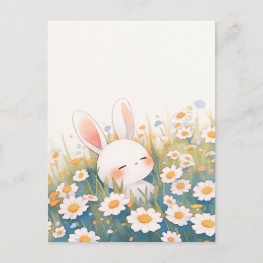 Sleeping White Bunny in Daisy Meadow ポストカード (正面)