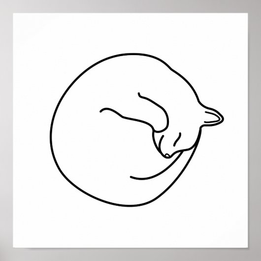 Sleeping White Cat Black on White Print ポスター (正面)
