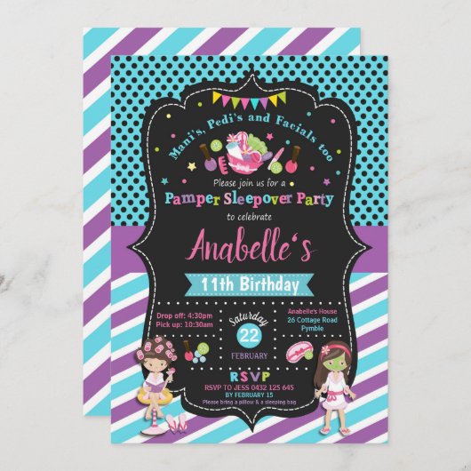 Sleepoverのパーティーの誕生日の招待状の女の子を甘やかして下さい 招待状 (正面/裏面)