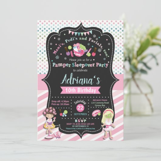 Sleepoverのパーティーの誕生日の招待状の女の子を甘やかして下さい 招待状 (スタンド正面)