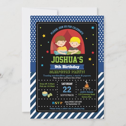 Sleepoverのパーティーの誕生日の招待状の男の子のキャンプ 招待状 (正面)